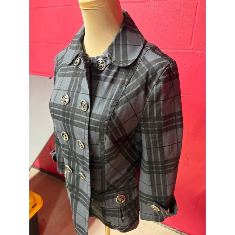 Maurices Gray Plaid Double Breasted Peacoat Jacket Cropped Sleeve Size L - Picture 3 of 6
